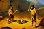 Placeholder: Neo-Impressionism, caveman holding a club, cave, cave bear, campfire, stone age, dawn, fine detail, high quality,