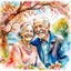 Placeholder: A vibrant watercolor wash splash art style portrait of a joyful elderly couple, their faces radiating happiness, sheltering beneath the blossoming branches of an old cherry tree. The man, with a neatly trimmed white mustache and a twinkle in his eye, gently holds the woman’s hand, while she smiles warmly, her silver hair softly framing her face. Below them, nestled amongst the roots of the tree, a textured sign reads "Happy 60th Wedding Anniversary" in bold lettering. The background depicts a mi