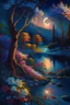 Placeholder: full light,highlight, trees, river, day, sun day, an idyliic forest with bright colorful flowers, mountains, sun,flower, a small river, paradise, heavenly atmosphere in the moonlit night, detailed painting, deep color, fantastucal, intricate details