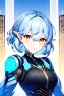 Placeholder: Cyborg anime warrior, light blue hair, short and messy hairstyle, pierced ears, golden eyes, waist up portrait, 8k resolution, intricate details, ornate details, soft lighting, vibrant colors, retroanime, masterpiece, intricate eyeliner, dark eyeshadow, eyes, intricate tattoos, futuristic cityscape background