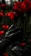 Placeholder: A wooden judge's gavel engraved with Tatiana's name. Next to a black pistol and two black leather gloves. Placed in a field filled with red poppies.. Dark garden background. Dark garden background cinematic.