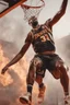 Placeholder: 8k, highly realistic and detailed image of a NBA basketball player in action dunking the ball in the net, sweaty hair, screaming look,action and smoke and flames background