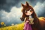 Placeholder: black light art, dramatic oil painting, flowerstorm, shading pastel and charcoal, cute chibi mohair brunette golden eyed happy woman with a horse in sunshine