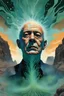 Placeholder: a close up portrait illustration of John Verne , a vision exploding from his mind, projecting ancestral spirits emerging from a horrific past , splashing on a semi-permeable membrane in fractal shapes congealed above an iridescent algal bloom in batik patterns across a desert landscape of columnar basalt and moeraki boulders, in the style of Alex Prager, Zdzislaw Beksinski and the comic book style of Jean-Giraud Moebius ,