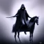 Placeholder: foggy london portrait of grim reaper with hoodie and horse, oil painting and spray