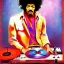 Placeholder: a realistic portrait of Jimi Hendrix at a turntable with headphones on being a DJ, vivid color, with sunglasses