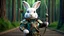 Placeholder: High-end hyperrealism epic cute fluffy rabbit hero holding a bow and arrow, Steampunk-inspired cinematic photography, symmetry forest alley background, Aesthetic combination of metallic sage green and titanium blue, Vintage style with brown pure leather accents, Art Nouveau visuals with Octane Render 3D tech, Ultra-High-Definition (UHD) cinematic character rendering, Detailed close-ups capturing intricate beauty, Aim for hyper-detailed 8K