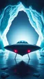 Placeholder: A ufo star ship in front of a mysterious, portal or opening in the ice, symbolizing the hidden secrets of Antarctica waiting to be uncovered. The light blue dark surroundings, creating a sense of anticipation and intrigue.