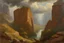 Placeholder: Cloudy day, clouds, rocks, mountains, cliffs, philosophic and trascendent influence, sci-fi movies influence, epic, ernest welvaert, walter leistikow, and hans am ende impressionism paintings