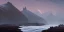 Placeholder: Cold desolate, mountainous, snowy, misty, dark, barren land by the seaside, night time