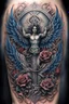 Placeholder: ultra realistic and highly detailed tattoo of a name written in the centre -"Jiu-Jitsu", a thick texturised cross with deep grains behind the writing, coming from the sides are two majestic angel wings almost sheltering the writing, chaotic and explosive background of intervining vines with thorns, few roses and rope knots, blue and grey colors, epic, 32k