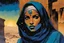 Placeholder: create an imaginative illustration of a Tuareg female, in traditional dress, with finely detailed facial features, in the ruins of Djado under the midnight sky, in the comic book art style of Bill Sienkiewicz, Mike Mignola, and Jean Giraud Moebius, finely textured, drawn, colored, and inked