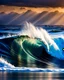 Placeholder: seascape by Ray Collins and artgerm, front view of a perfect wave, sunny background, ultra detailed water, 4k resolution