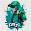 Placeholder: Vector t shirt art ready to print green blue graffiti illustration of a cyberpunk boy and a basecap with text "Digi".On cap, white background.