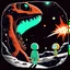 Placeholder: two sad characters gazing out of a spaceship window at a cratered burning close up 3d planet. On the left an thin alien with very pointy shape head and with x-shaped mouth, and on the right a bigg stronger dinosaur-like creature with big head sharp teeth. The background displays a dark space scattered with distant stars and three small explosions occurring on the planet's surface, adding a dramatic sense of action to the scene. realistic, detailed, cinematic, sci-fi