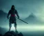 Placeholder: fog as Ninja portrait, black suit, in the night Alps, angels background, volumetric red light, high detail, dark leaf tree, dark mountains in background, perfect, HR Giger style, holding a sword, fighting, cinematic, painting