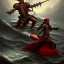 Placeholder: a pirate warrior in dark red full armor, on his ship, holding a football, a highly detailed illustration, background of giant crashing ocean waves, realistic render, 8 k, micro detail, intricate, elegant, centered, digital painting, Artstation, smooth, sharp focus, illustration, artgerm, tomasz alen kopera, peter mohrbacher, donato giancola, joseph christian leyendecker, wlop, boris vallejo