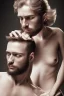 Placeholder: BDSM style, 8K, a Highly detailed stunning portrait of Dom man with a kneeling submissive woman, white suit, beard, and short hair, bad boy,