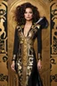 Placeholder: Facing front woman modeling cat walk fashion show in suit adorned with a golden ornaments Klimt-inspired masterpiece.