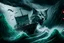 Placeholder: A giant lumbering grey wolf attacks a tiny boat in a stormy sea, a dark, ominous image, black, turquoise (a little closer to green) and white colours, rain, wind, lightning, dynamic, surreal. And a cat. Definitely a cat.