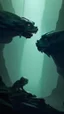 Placeholder: A creature with 2 bold Heads one of them happy , the other is sad . A cave with dim lights with fog in the background, dark environments, scary and good quality, 8K , cinematic scenery