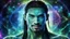 Placeholder: beautiful gorgeous young man na'vi with long hair, Avatar, blue skin, two small ears, green eyes, black hair, in cosmic suit, galactic ambiance, medium pointy goatee , smiling, nebulas and sacred geometry light figures on the backgroud,