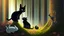 Placeholder: A black cat staring a white rabbit in the forest.