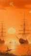 Placeholder: A light rosy orange colored bay with pirate ships and crystals painted by Caspar David Friedrich