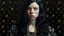 Placeholder: Retrato pictórico de mujer joven de cabello negro azabache largo, rostro compuesto por piezas de rompecabezas desalineadas, lleva collar de perlas negras de río, estilo hiperrealismo al óleo contemporáneo al estilo de Kehinde Wiley, fondo de fondo negro absoluto vacío tipo estudio