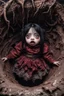 Placeholder: Closeup chubi Girl goth with big eyes, fullbody, ragged clothes, extended like roots, the perspective looking up from the bottom of an empty well ,crushed inside really darkred fleshy stomach filled with digestive juices, 8k,macro photography,