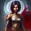 Placeholder: Fantasy setting, woman, dark-skinned, indian, ranger, 23 years old, wavy hair, red and black hair