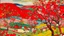 Placeholder: A red plain with Japanese cherry blossom trees painted by Wassily Kandinsky