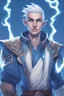 Placeholder: create a male air genasi from dungeons and dragons, blue lightning tattoos, pointed ears, slight smile, white short hair, undercut, light blue eyes, wind like hair, blue jacket, digital art, high resolution, fantasy, strong lighting