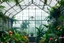Placeholder: Victorian greenhouse overtaken by jungle, exotic birds nesting in iron rafters, morning mist, lost paradise atmosphere,a pretty model lady as queen wlking in flowers