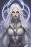 Placeholder: Generate a dungeons and dragons character portrait of the face of a female cleric of life aasimar that looks like a drow blessed by the goddess Selune. She has white hair and glowing eyes and is surrounded by holy light