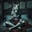 Placeholder: with wolf furry on her full body an anthropomorphic wolf woman hybrid sitting in the middle of a bed with a sewing needle and thread in her paw sewing a material belt, around her in the background are some paper with sketchy line kind drawings from monster on the walls of the wooden house, high realistic, detailed, cinematic, sci-fi, digital art, dark fantasy mood