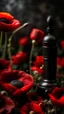 Placeholder: A small wooden hammer near a black pistol, a black leather glove and red lipstick in a dark garden filled with red poppies.Cinematic and realistic image