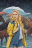 Placeholder: In the music video, a 23-year-old woman with blonde hair and bright blue eyes stands in the sea, se has a bun. dressed in a yellow fisherman's jacket. She holds an umbrella, but it offers no protection from the pouring rain. Around her, heavy horses are moving. The rain is pouring heavily. She is standing in the middle of the sea. You can see here completely. She is wearing a fishers outfit. NOT SEXY!!