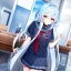 Placeholder: Clear focus, High resolution, long fluffy light blue hair, hair between eyes, long locks, wearing a sailor uniform, wearing a sailor skirt, long black socks, 1girl, cartoon, cute, UNFOTABLE studio, red tie, walking, outside setting