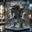 Placeholder: giger escher ogre araknid sculpture in transparent murano glass beeing sprinkled by fountain inside broken glass box,bokeh like f/0.8, tilt-shift lens 8k, high detail, smooth render, down-light, unreal engine,bokeh like f/0.8, tilt-shift lens 8k, high detail, smooth render, down-light, unreal engine