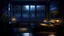 Placeholder: Beautiful cozy bedroom with floor to ceiling glass windows overlooking city at night, blue atmosphere, yellow light lamps, water on the bed thunderstorm outside, with rain inside, detailed, high resolution, photorrealistic, dark, gloomy, moody aesthetic