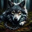 Placeholder: sad small scruffy wolf with a chain around its neck laying down eyes closed, photorealistic, dark fantasy, forest