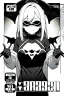 Placeholder: girl with demon mask in the middle of the room, line arts, manga cover, greyscale