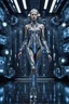 Placeholder: A biomechanical futuristic full body fashion model in a metal silver/blue armored dress, adorned with clear printed hieroglyphic symbols, microchip designe, futuristic headset, Fashion show background, energy, molecular, mecha, future fashion