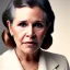 Placeholder: realistic analog style photography by Annie Leibovitz, photorealistic close up face of carrie fisher, soft ethereal skin, symmetrical short hairstyle,studio lighting, sharp brown eyes, dark plain background