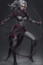 Placeholder: female gray skin, Shadar-Kai wielding a Whip made out of black thorns, clothes with a dark rose theme