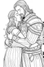 Placeholder: coloring page, minimal detail. HD. Woman hugging a male knight with a beard. No background detail.
