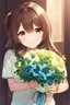 Placeholder: brown eyes brown hair half up center part dusk holding bouquet smiling light green t-shirt woman