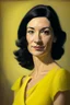 Placeholder: realistic Portrait of a woman in her thirties. she wears a yellow drees and has dark hair. she looks like a politcian
