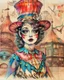 Placeholder: Masterpiece, a delicate ink and watercolor wash rendering on rough handmade paper. A vibrant and imaginative collage unfolds, blending vintage circus charm with surreal whimsy. At its heart stands a glamorous circus performer, wearing a colorful, patterned bodysuit rendered with intricate ink lines and layered washes of sapphire, crimson, and gold. A tall, red top hat crowns her head, sketched with bold strokes and rich scarlet hues. Behind her, a classic circus tent rises, its stripes suggested